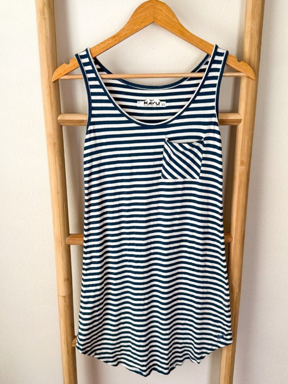 Kavu Blue White Striped Tank Dress XS Sleeveless Pocket Casual